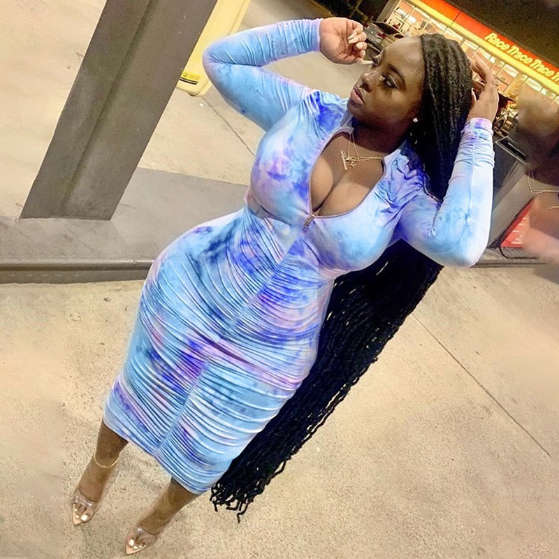 Sky Vibes tye dye Long Sleeve Pleated Bodycon Dress Le Royale Collection. Inc Boutique Sky Vibes tye dye Long Sleeve Pleated Bodycon Dress Le Royale Collection. Inc Boutique
