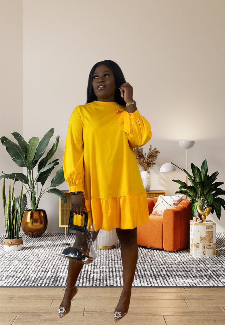 Reign Yellow A-line Ruffled Poof Swing Balloon Long Sleeve Dress