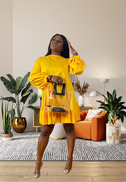 knee length dresses for ladies Long Sleeve Collared Neck Swing Yellow Dress with Pockets – Shopbloom