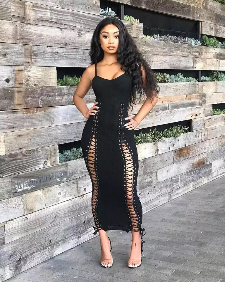 Blazedelle Black Lace up Midi Bodycon Dress